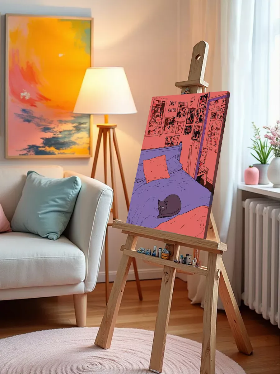 Картина по номерам «Уютная комната девочки и черный кот 40x50» — картинка 9