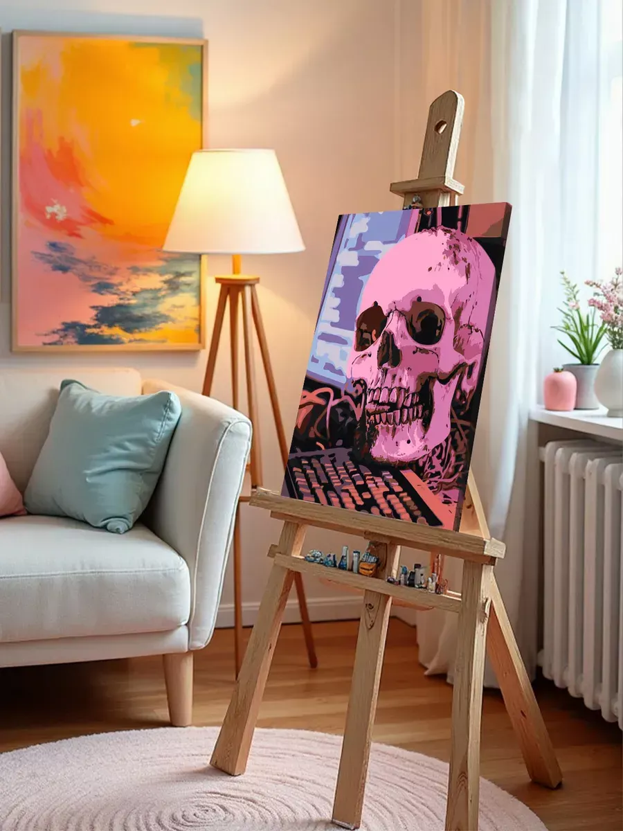 Картина по номерам «Розовая: череп на клавиатуре, неон 40x50» — картинка 9