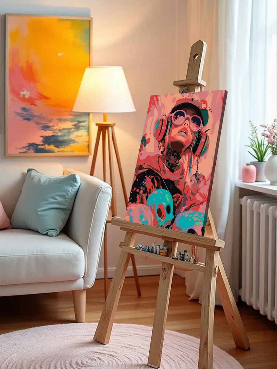 Картина по номерам «Девушка с тату в наушниках, черепа» — картинка 10