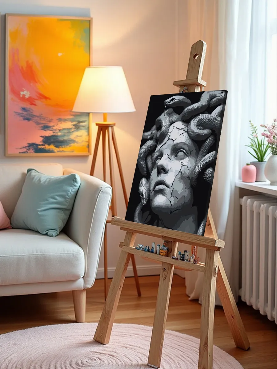 Картина по номерам «Медуза горгона, статуя и змеи чб 40x50» — картинка 9