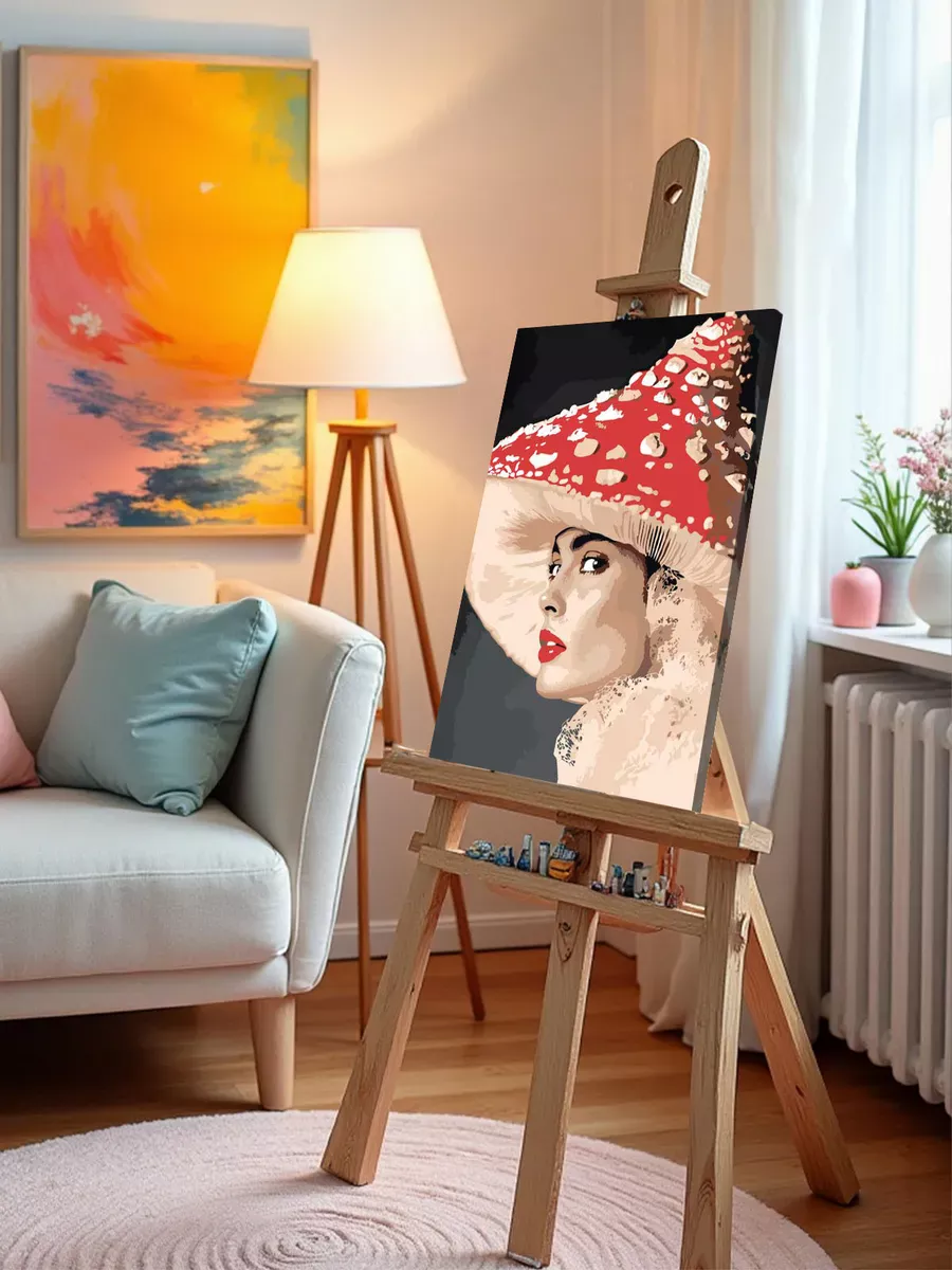 Картина по номерам «Портрет девушки и шляпа-гриб, fashion» — картинка 9