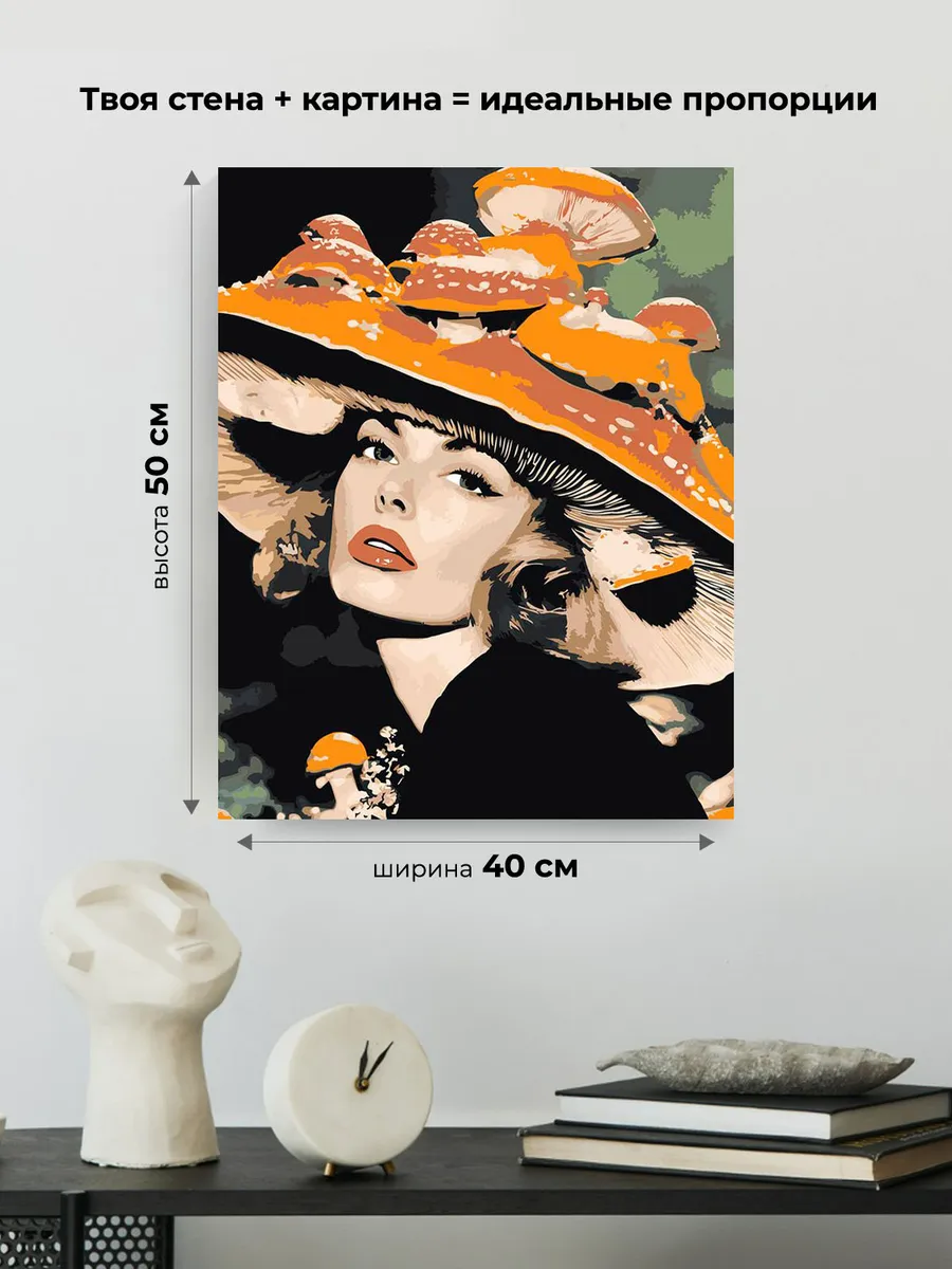 Картина по номерам «Портрет девушки и шляпа-гриб, fashion» — картинка 3