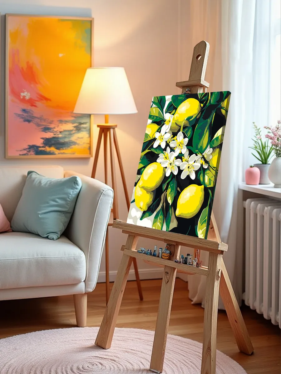 Картина по номерам «Зеленая ветка с лимонами и цветами» — картинка 9