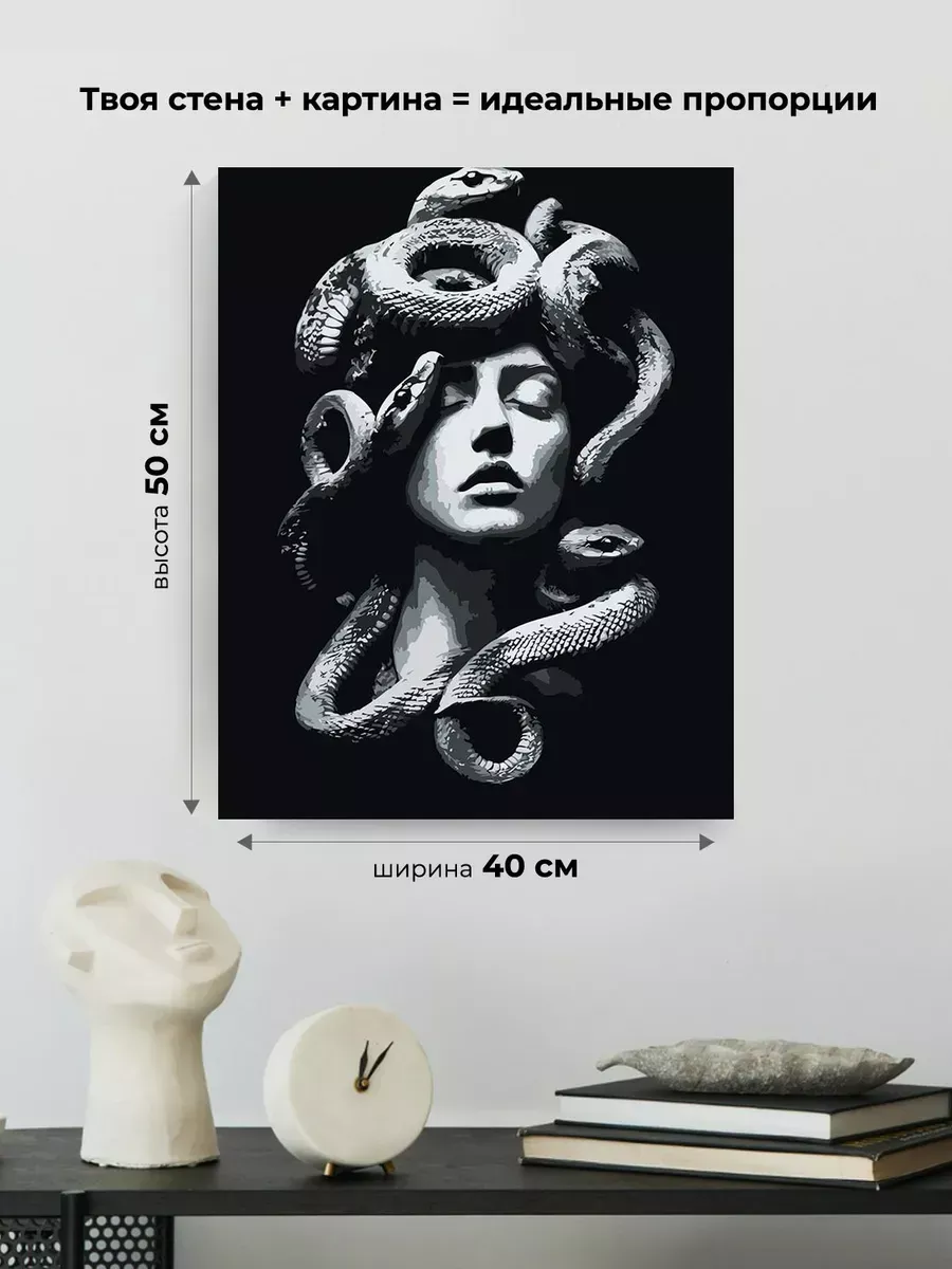 Картина по номерам «Медуза горгона, статуя и змеи чб 40x50» — картинка 3