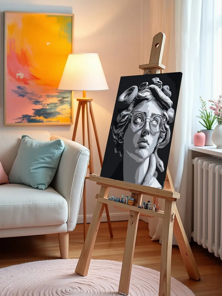 Картина по номерам «Медуза горгона, Венера статуя и змеи чб» — картинка 9