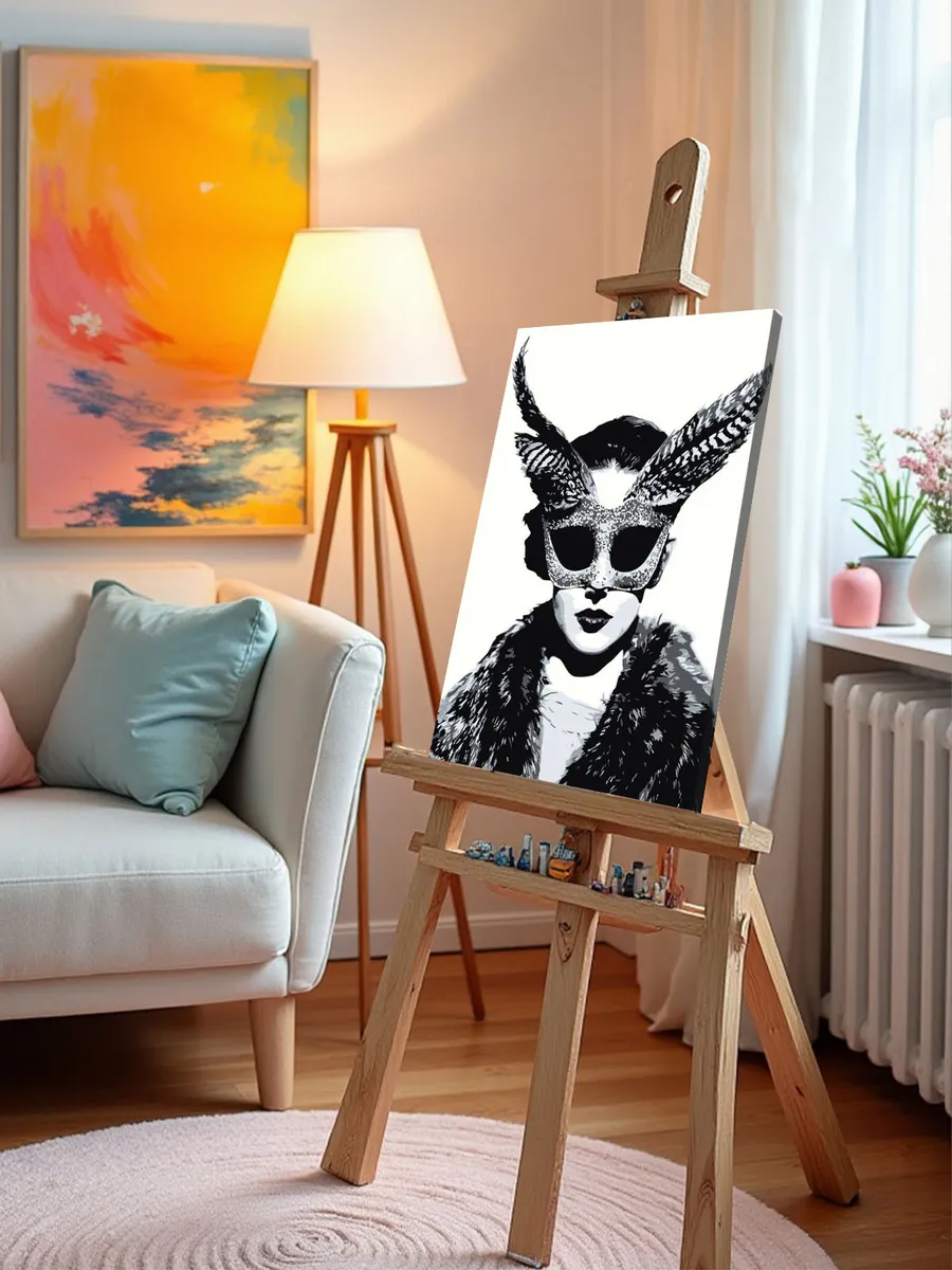 Картина по номерам «Портрет девушки в маске, зайчик, чб» — картинка 10