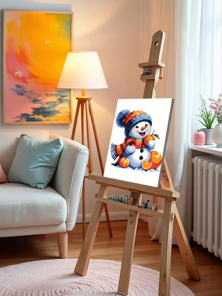 Картина по номерам «Детская, для детей: снеговик и мандарины» — картинка 10