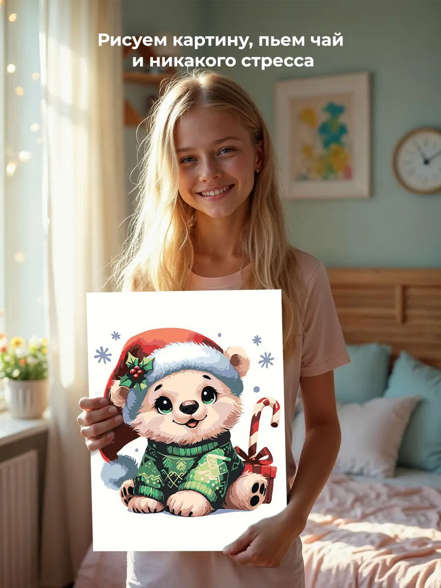 Картина по номерам «Детская, для детей: новогодний медвежонок» — картинка 6