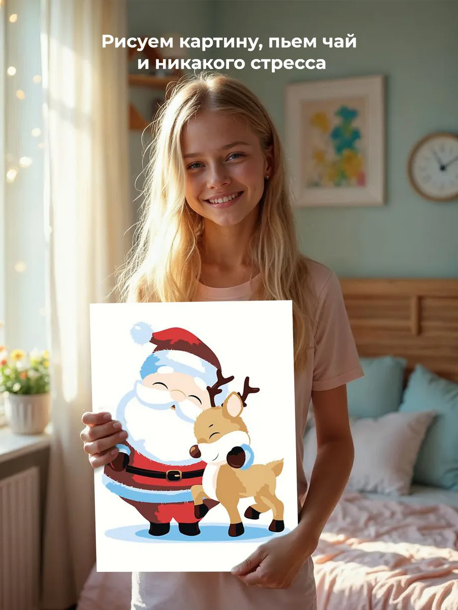 Картина по номерам «Детская, для детей: Дед Мороз и олень» — картинка 6
