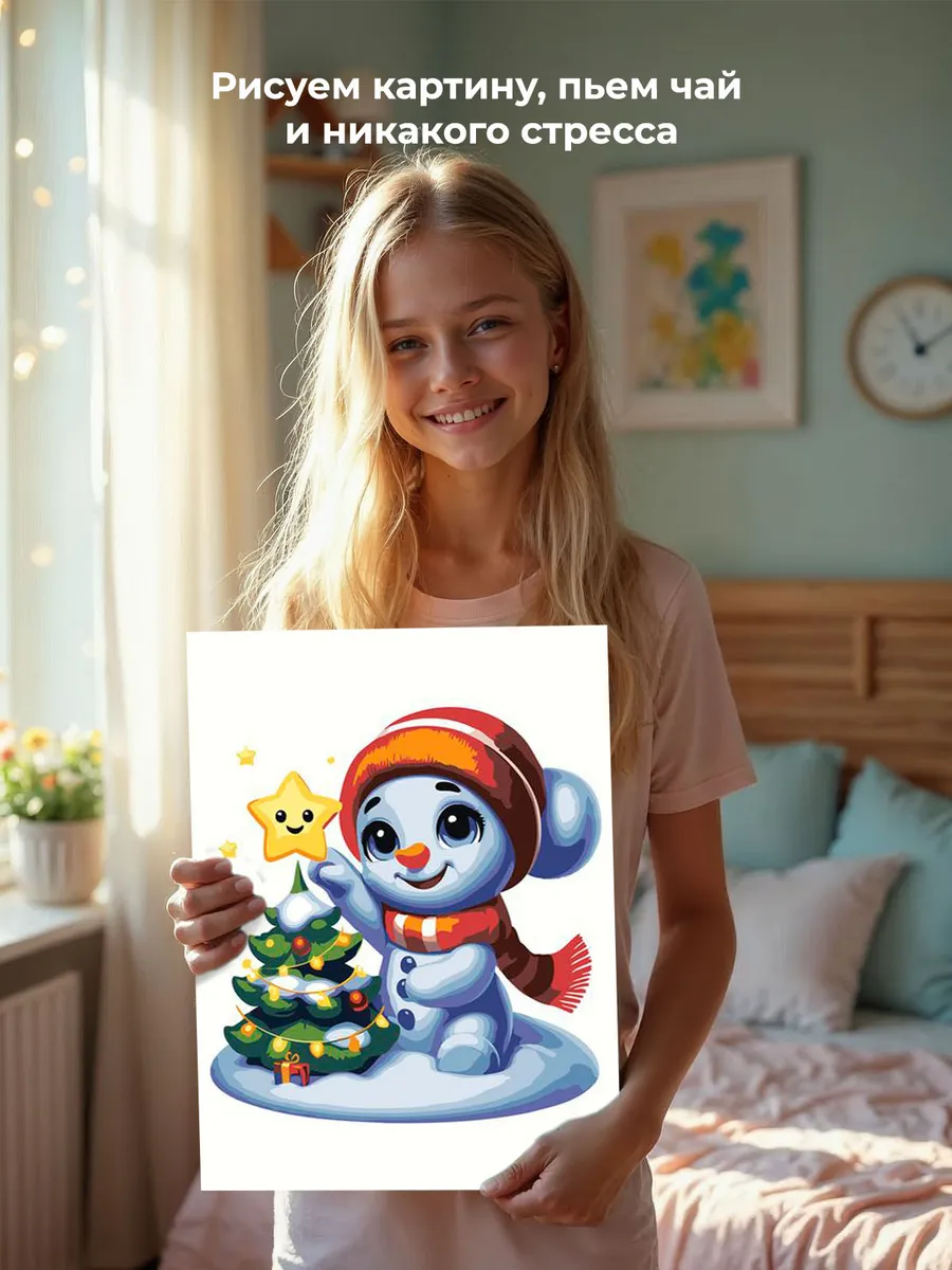 Картина по номерам «Детская, для детей: снеговик и ёлка» — картинка 6