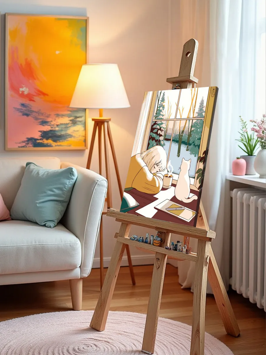 Картина по номерам «Зима: белый кот, девушка и снег, аниме» — картинка 10