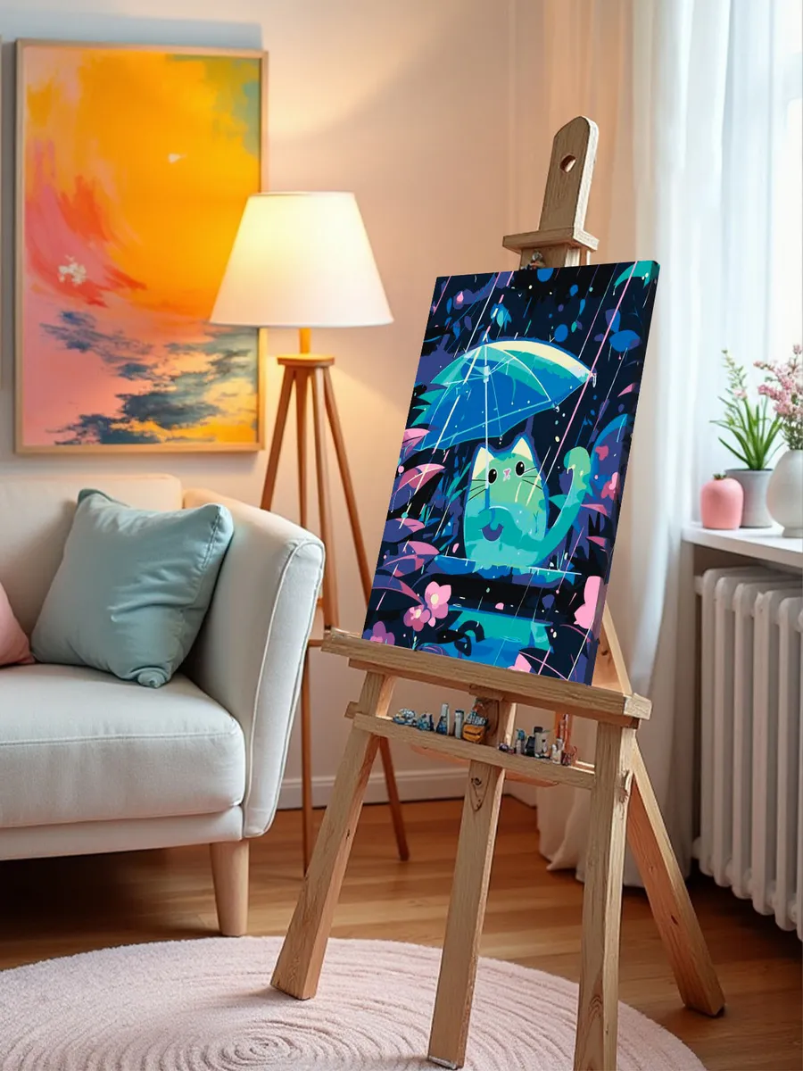 Картина по номерам «Котик с зонтом под дождем, неон арт» — картинка 10