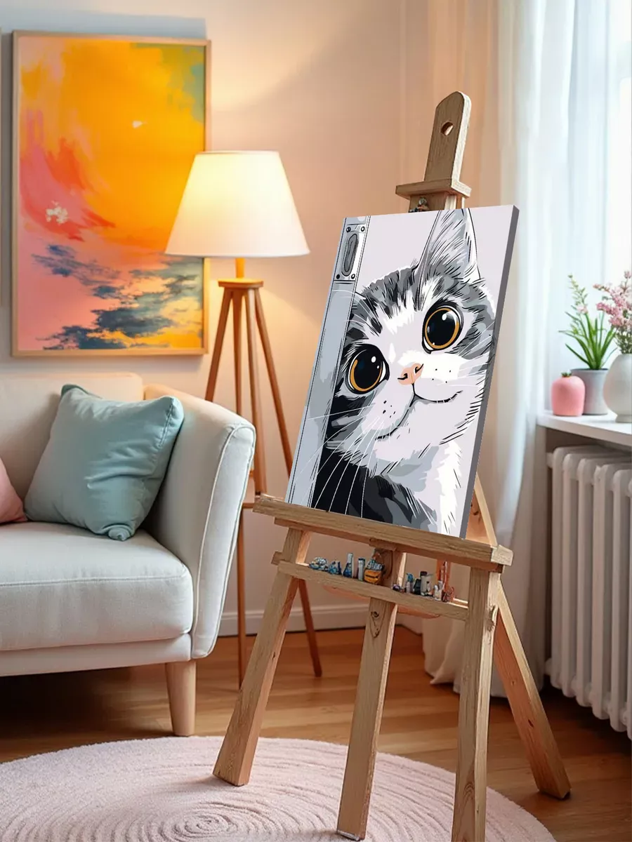 Картина по номерам «Кошки: милый серый котик улыбается» — картинка 9