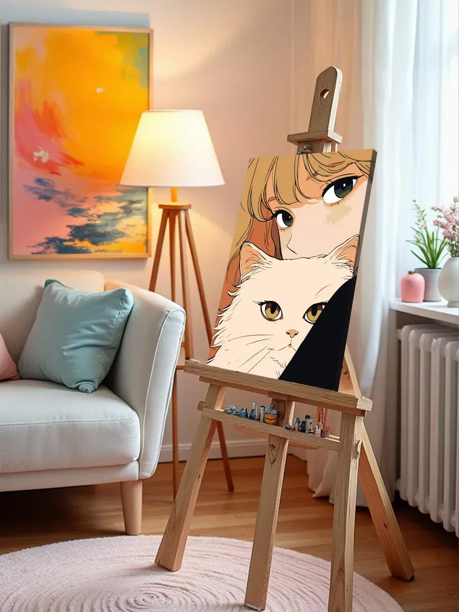 Картина по номерам «Девушка и пушистый кот, в стиле аниме» — картинка 9