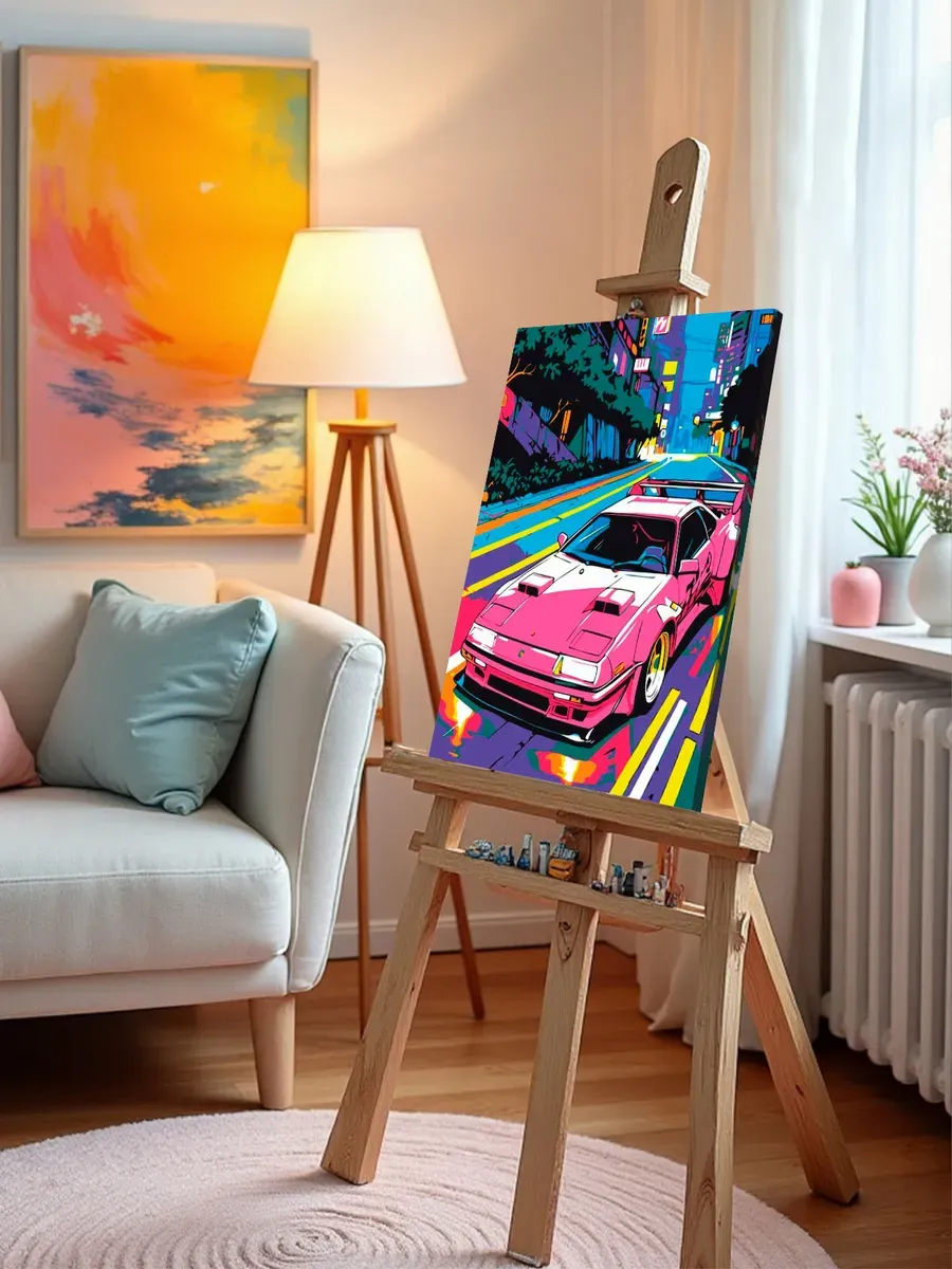 Картина по номерам «Розовая машина в ночном городе, неон» — картинка 9