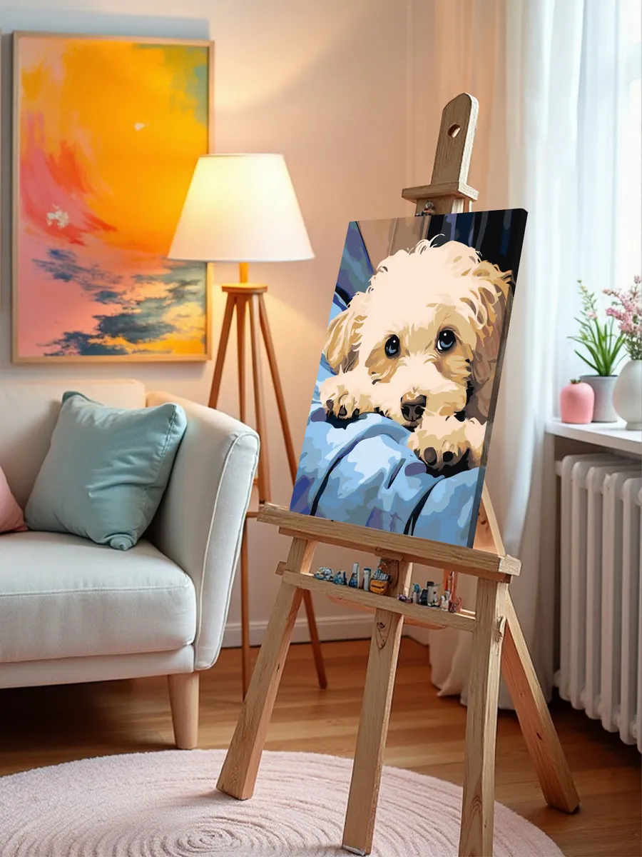 Картина по номерам «Собаки: бежевый щенок мальтипу на кровати» — картинка 9