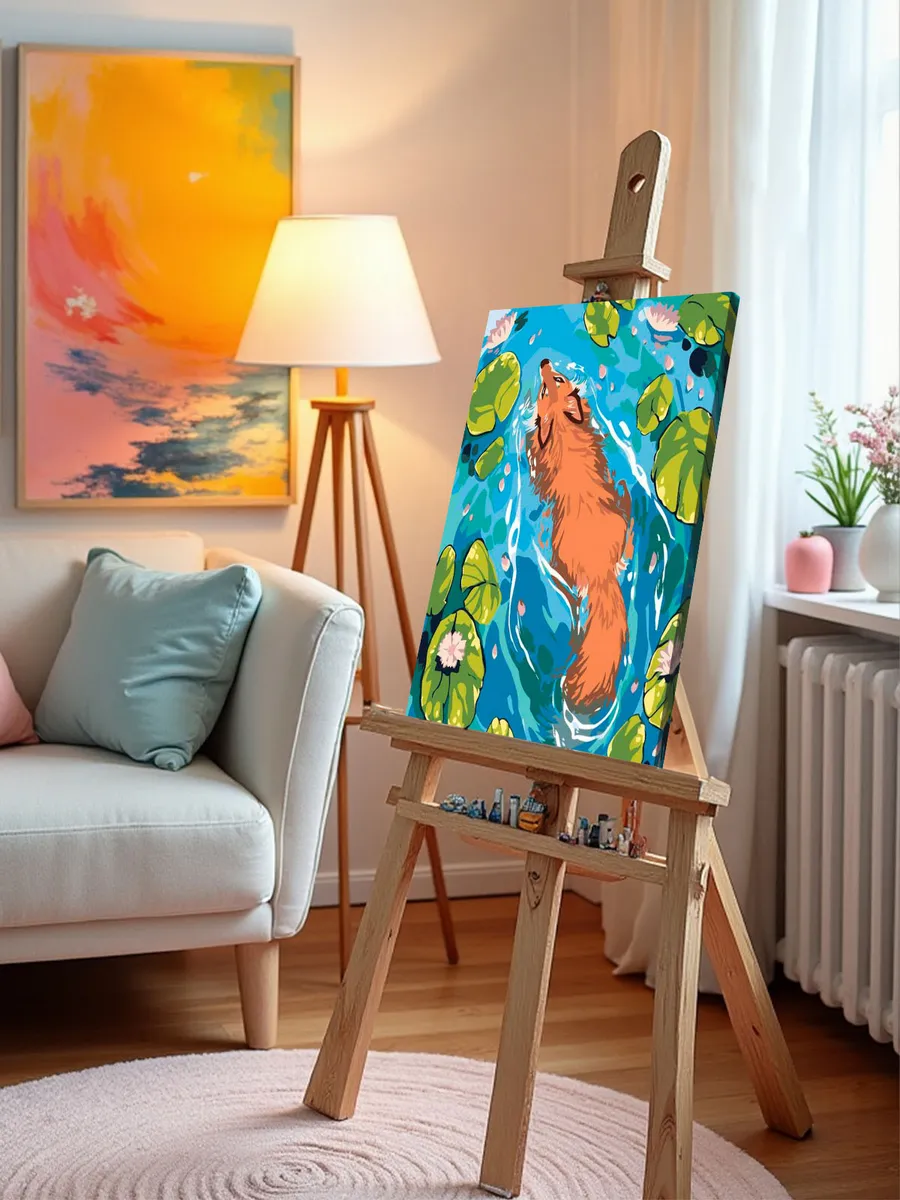 Картина по номерам «Рыжая лиса Алиса в пруду, лилии» — картинка 9