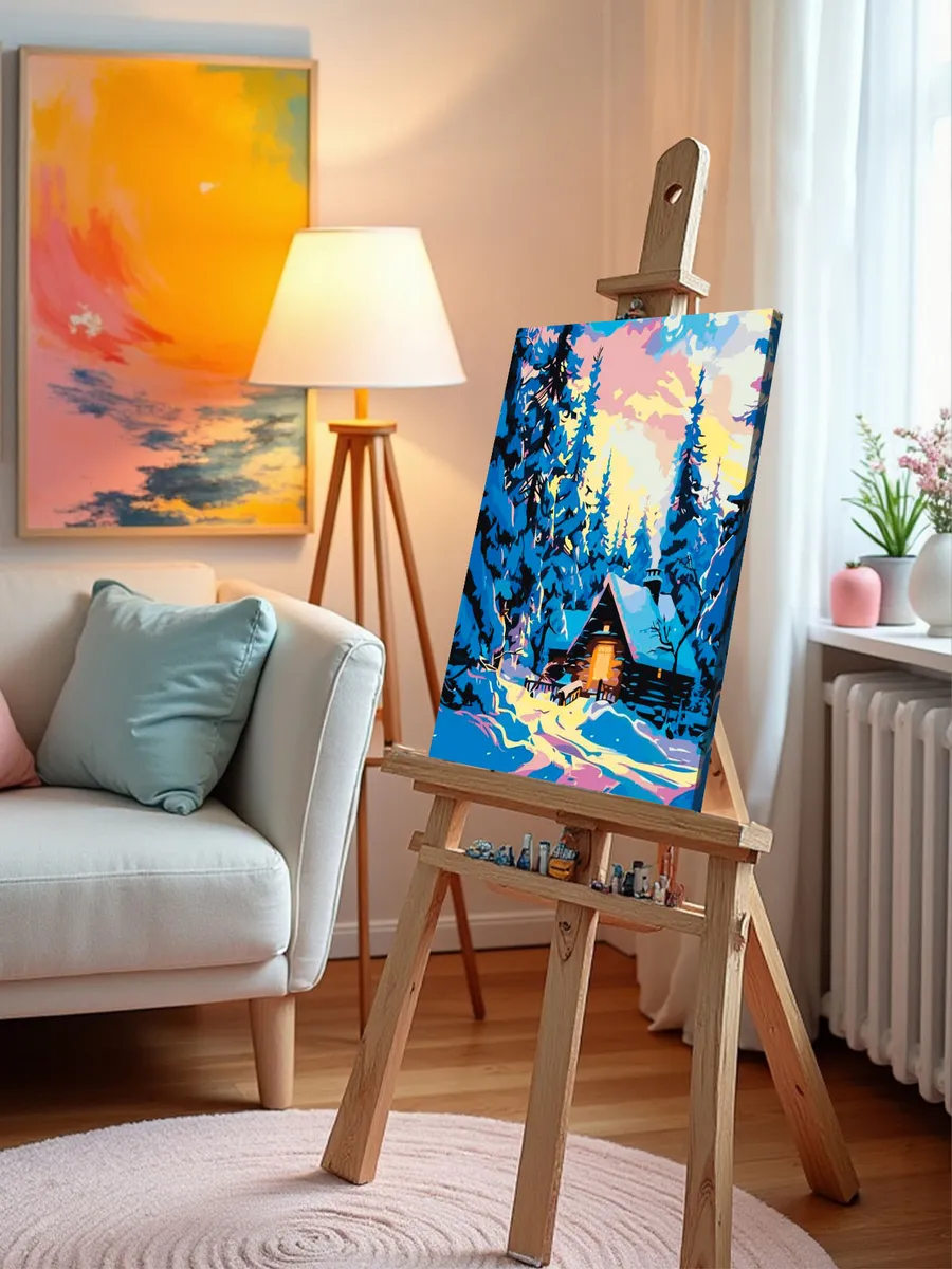 Картина по номерам «Зима: домик в заснеженном лесу, закат» — картинка 9