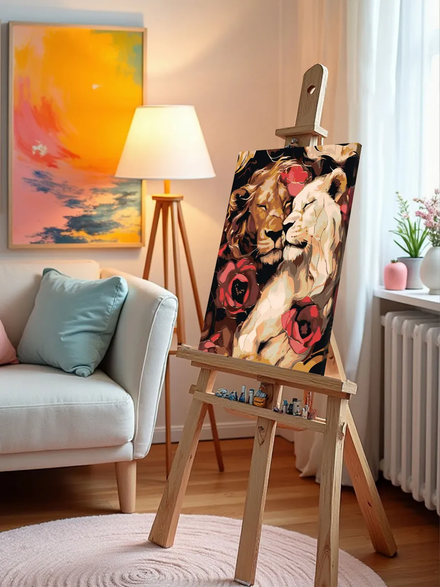 Картина по номерам «Животные: лев и львица, арт с цветами» — картинка 9