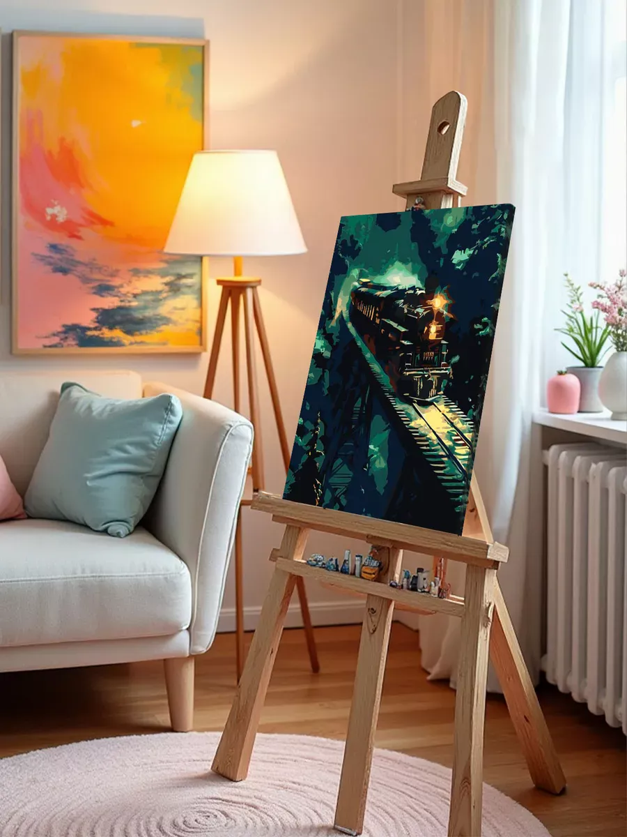 Картина по номерам «Зима: поезд паровоз на мосту, снег» — картинка 9