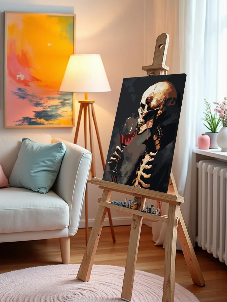 Картина по номерам «Скелет с бокалом красного вина, ужасы» — картинка 9
