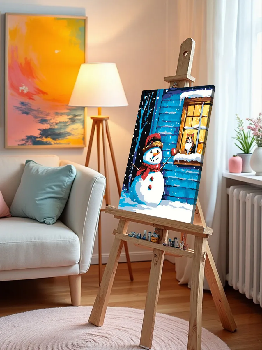 Картина по номерам «Зима: снеговик и кот за окном, Новый год» — картинка 9