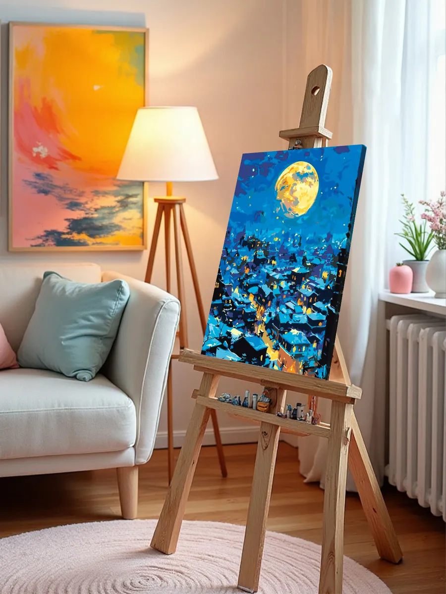 Картина по номерам «Зима: снег в городе, луна на небе арт» — картинка 10