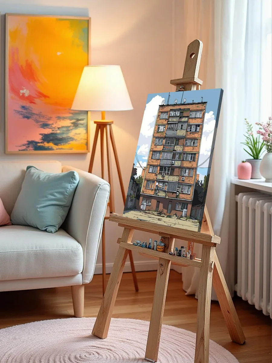 Картина по номерам «Панельки родные: уютный двор, гаражи» — картинка 9