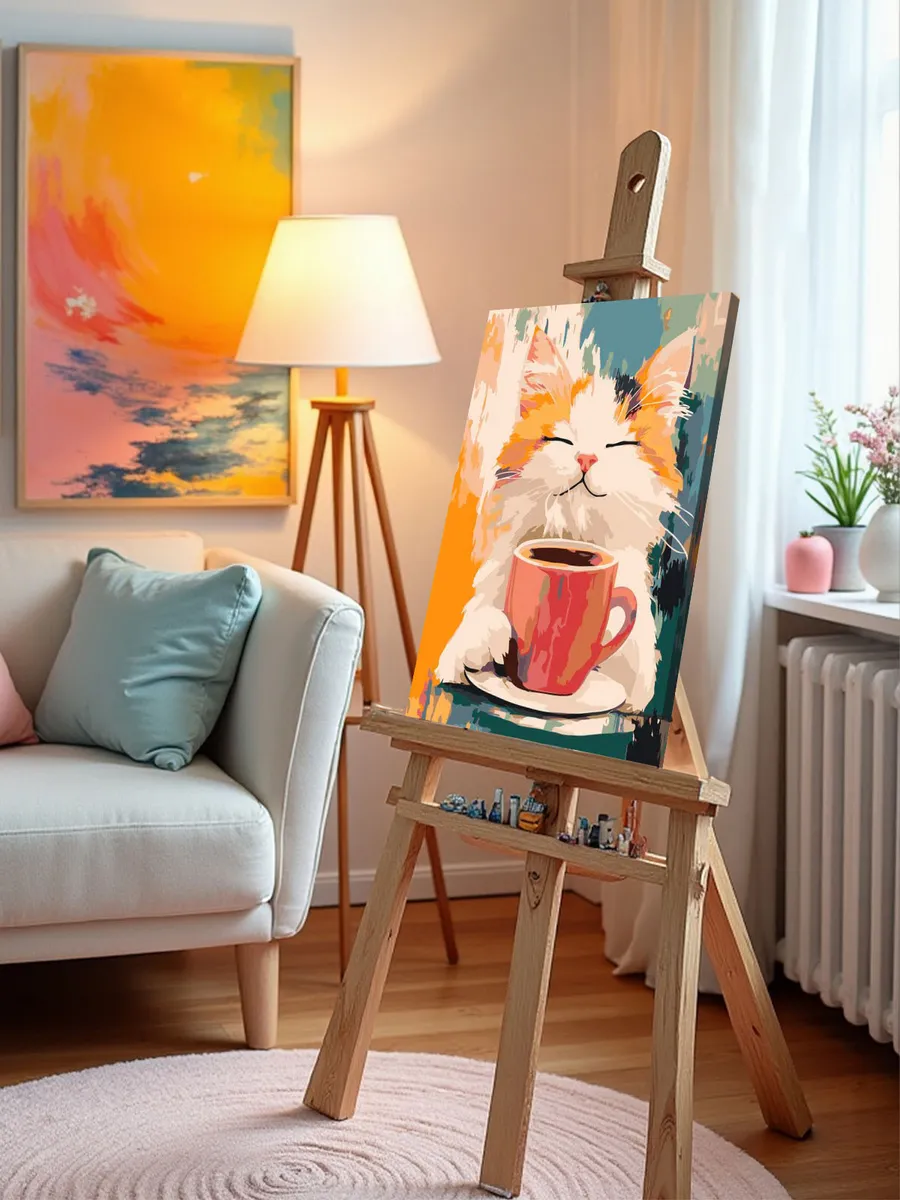 Картина по номерам «Коты и кошки: милый котик с чашкой кофе» — картинка 9
