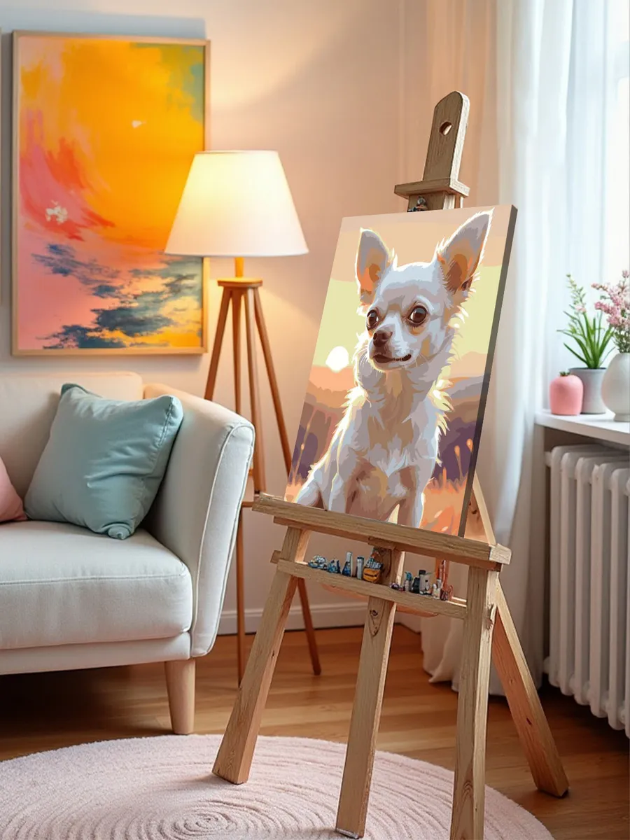 Картина по номерам «Собаки: смешная чихуахуа на закате» — картинка 9