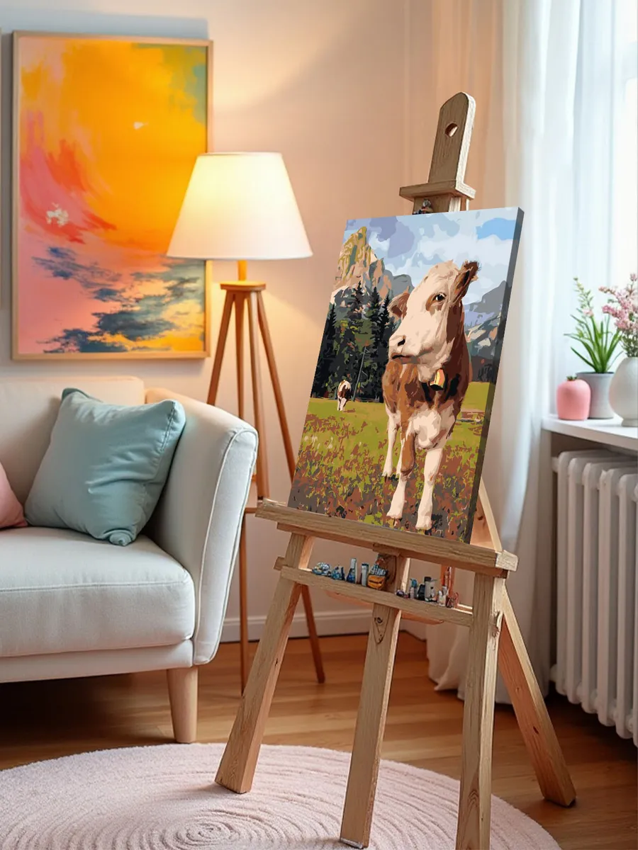 Картина по номерам «Животные: коровы на лугу, горы и лес» — картинка 9