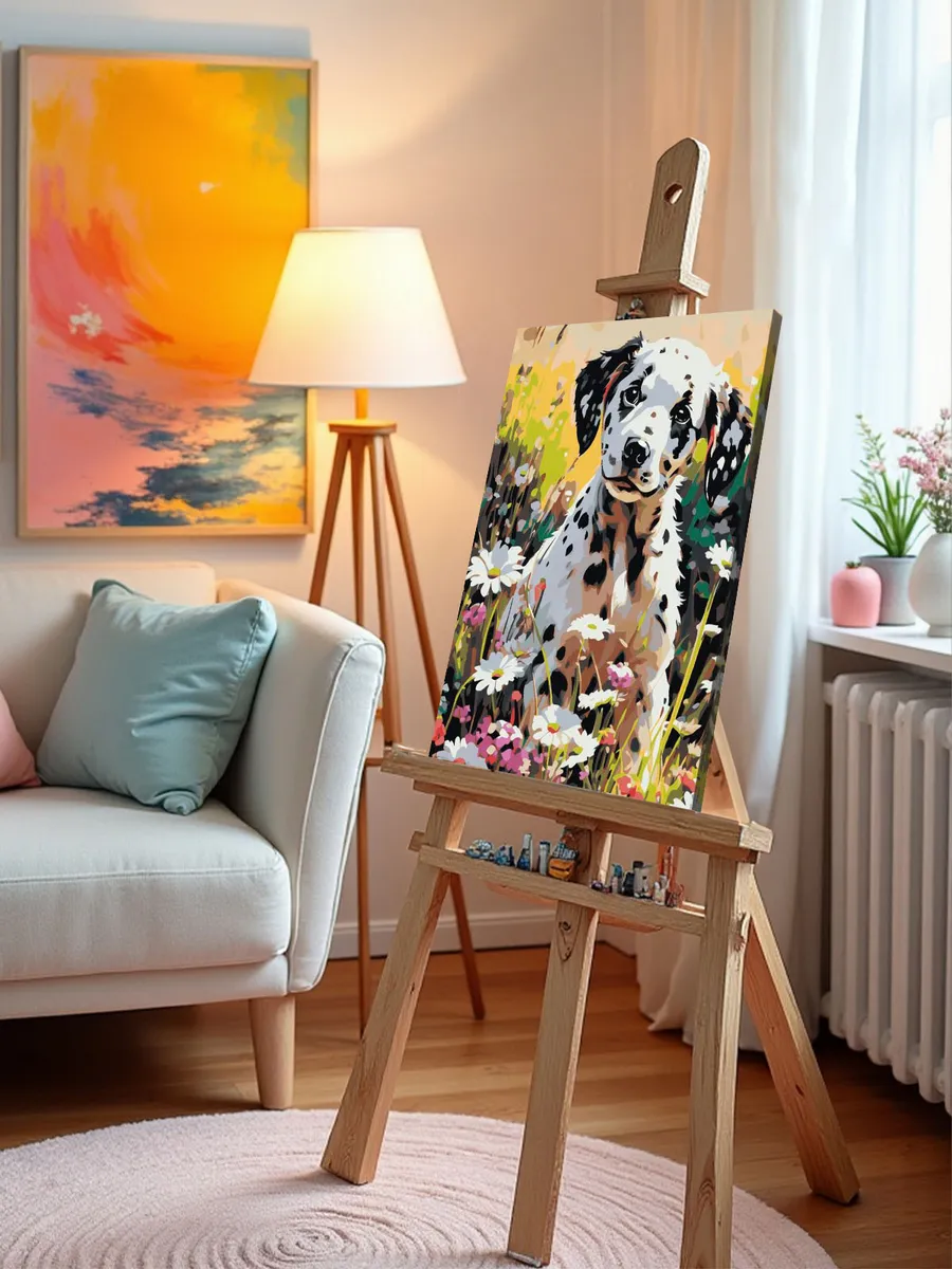 Картина по номерам «Собаки: щенок далматин в ромашках, цветы» — картинка 9