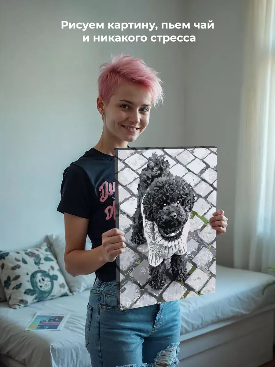 Картина по номерам «Собаки: черный той пудель на улице, чб» — картинка 7