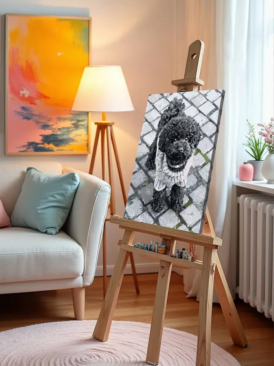 Картина по номерам «Собаки: черный той пудель на улице, чб» — картинка 10