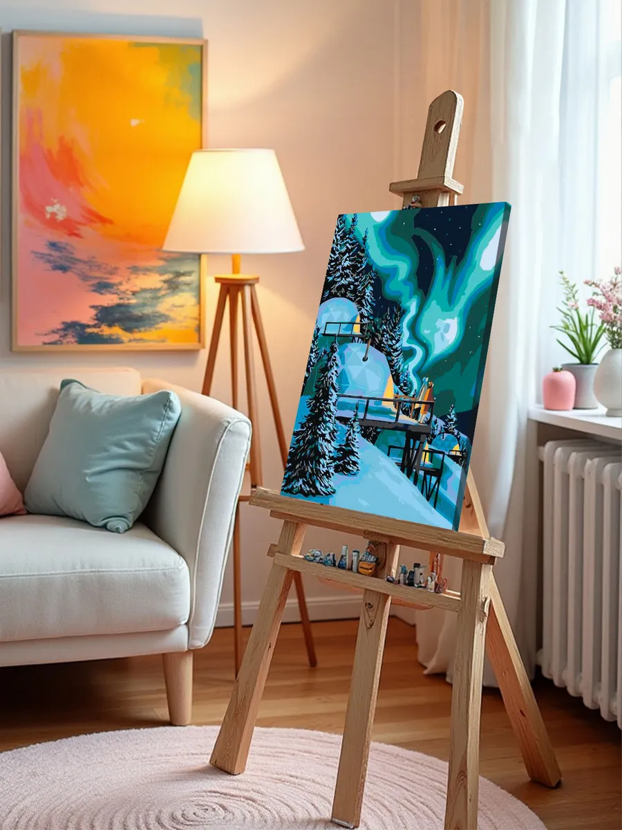 Картина по номерам «Романтика: северное сияние в лесу, зима» — картинка 9