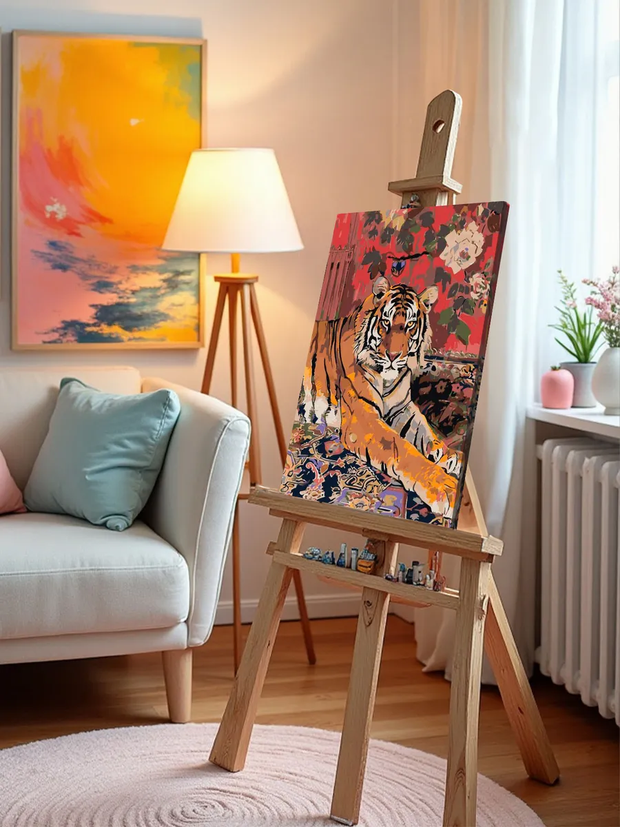 Картина по номерам «Животные: тигр и цветы на стене, ковер» — картинка 9
