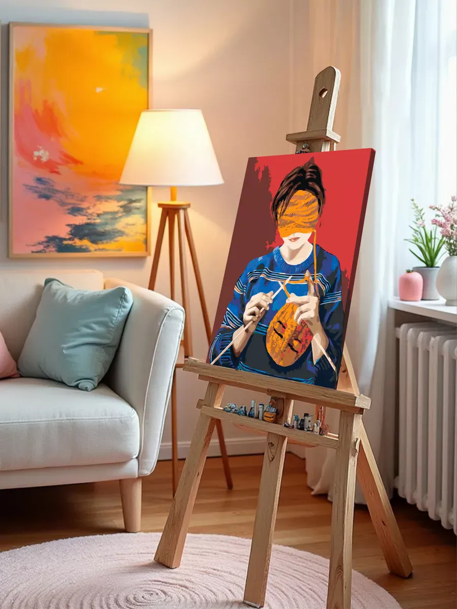 Картина по номерам «Девушка вяжет для себя маску, арт» — картинка 9