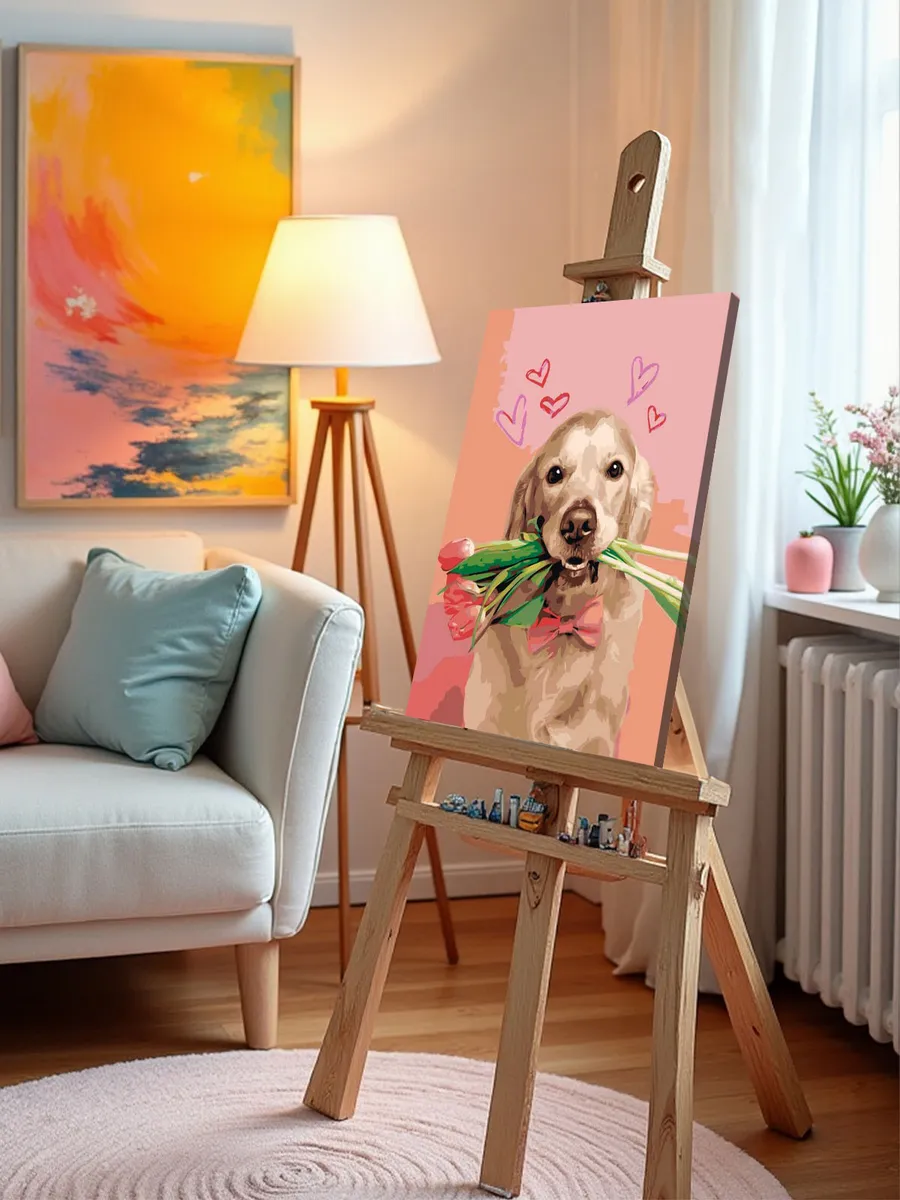 Картина по номерам «Собаки: ретривер и цветы тюльпаны, весна» — картинка 9