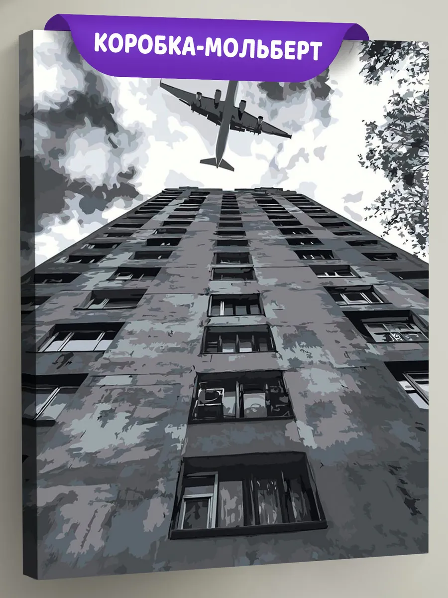 Картина по номерам «Панельки родные: самолет в небе, чб»