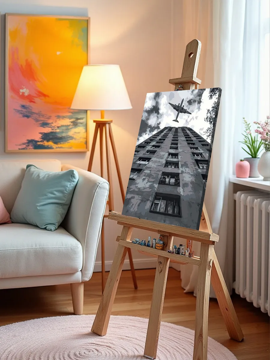 Картина по номерам «Панельки родные: самолет в небе, чб» — картинка 9