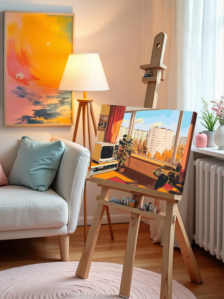 Картина по номерам «Панельки родные: комната с видом на город» — картинка 9