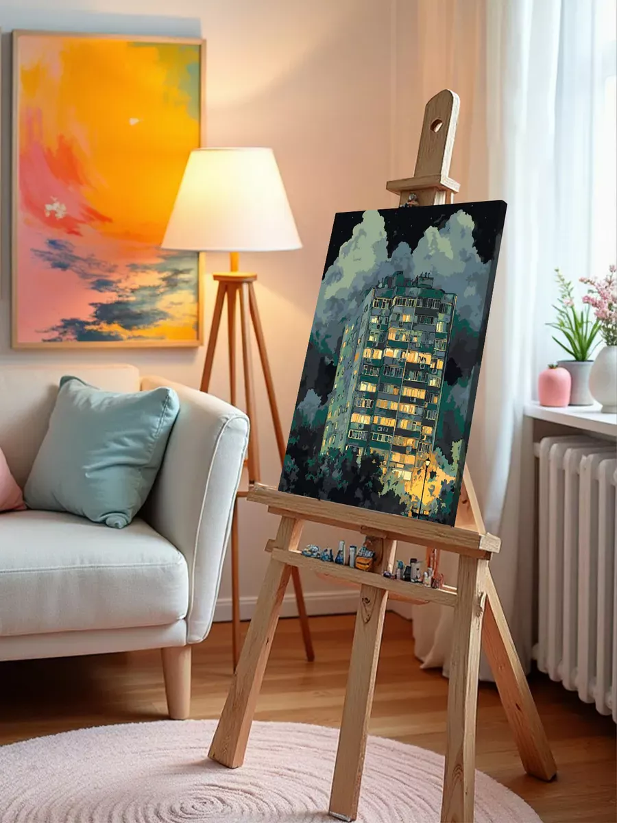 Картина по номерам «Панельки родные: дом на фоне облаков» — картинка 9