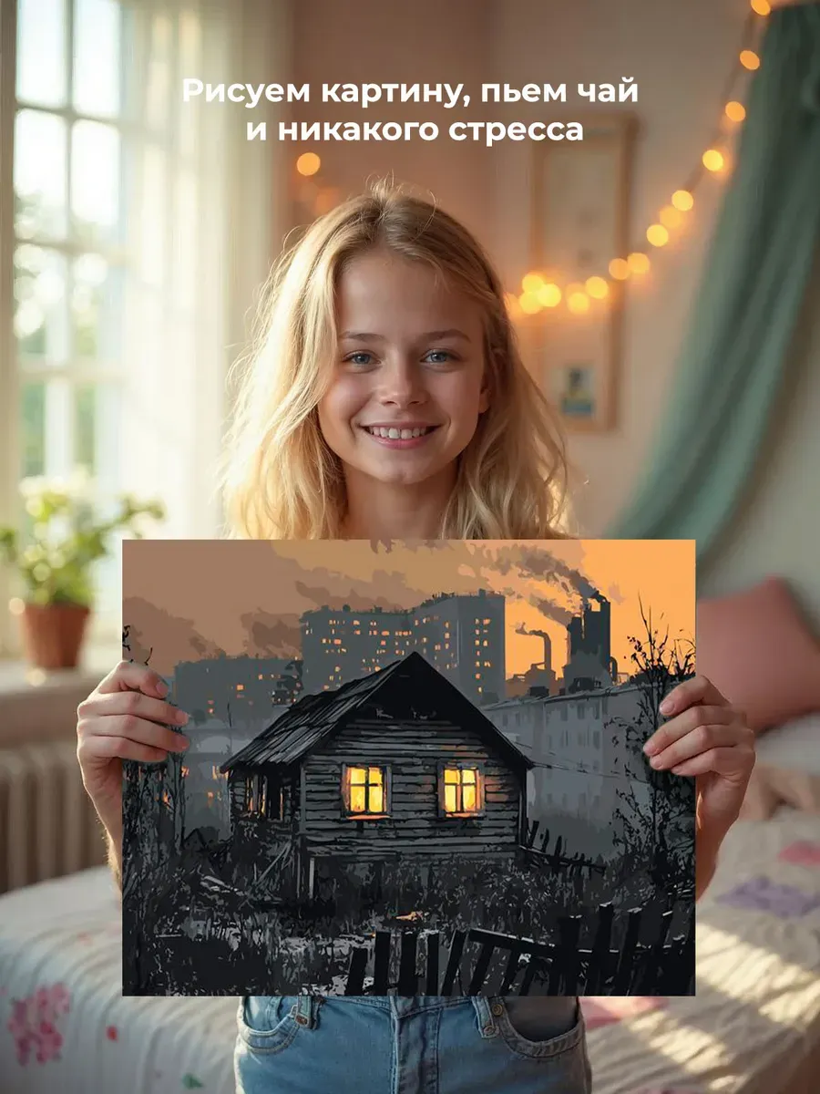 Картина по номерам «Панельки родные: избушка на фоне города» — картинка 7
