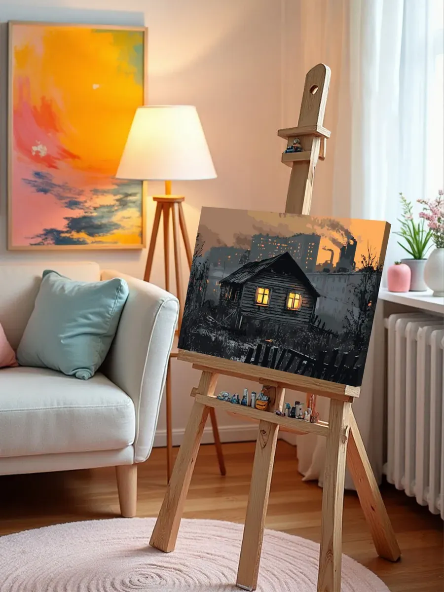 Картина по номерам «Панельки родные: избушка на фоне города» — картинка 10