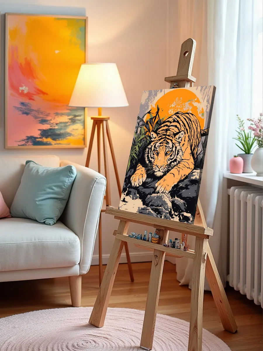 Картина по номерам «Животные: тигр у ручья на фоне солнца» — картинка 10