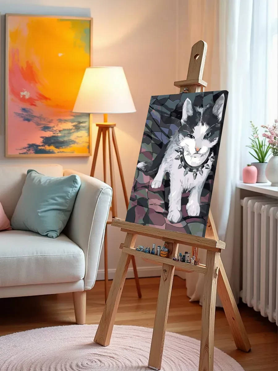 Картина по номерам «Кошки: черно-белый котенок, рок арт» — картинка 9