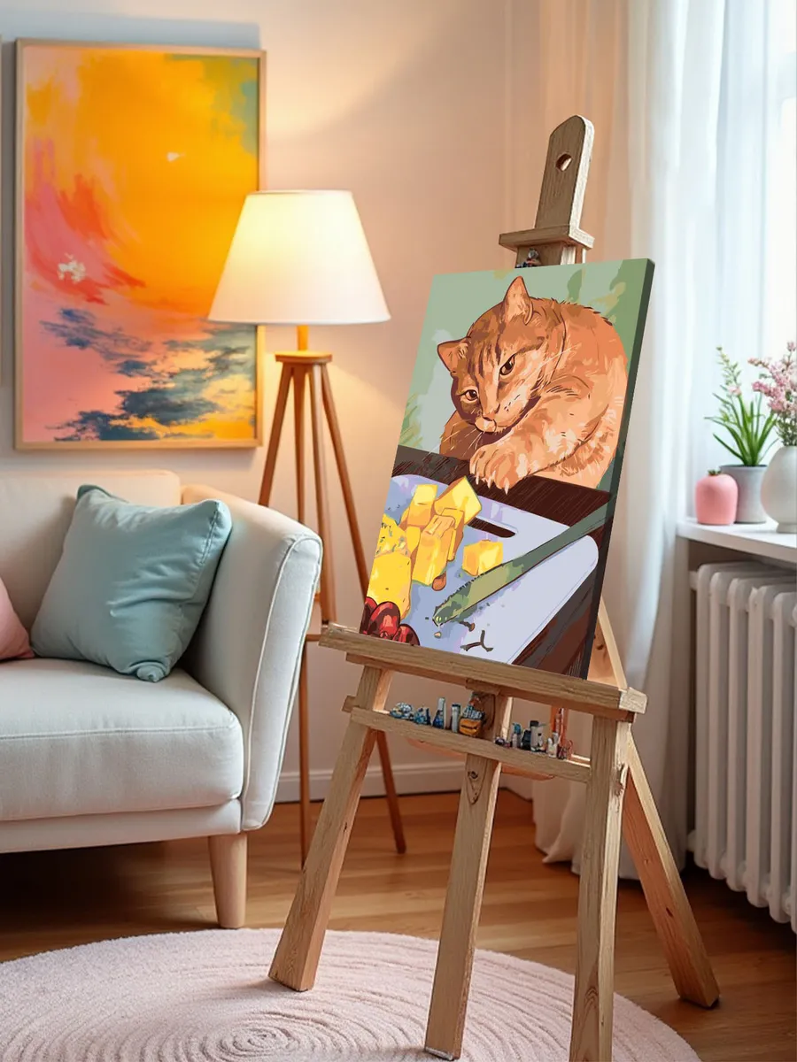 Картина по номерам «Кошки: пушистый рыжий кот тянется за едой» — картинка 9