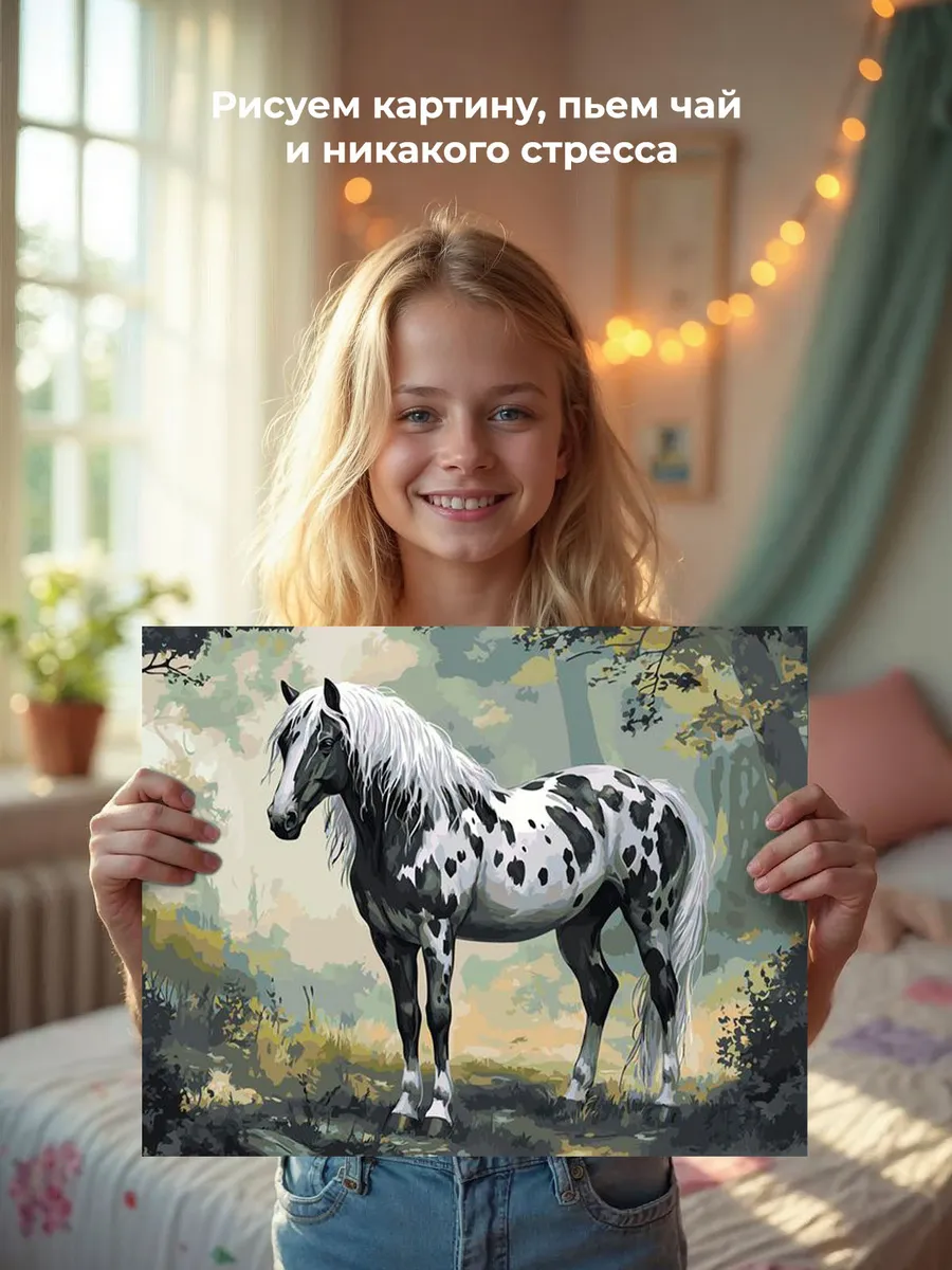 Картина по номерам «Животные: черно-белая лошадь в лесу» — картинка 6