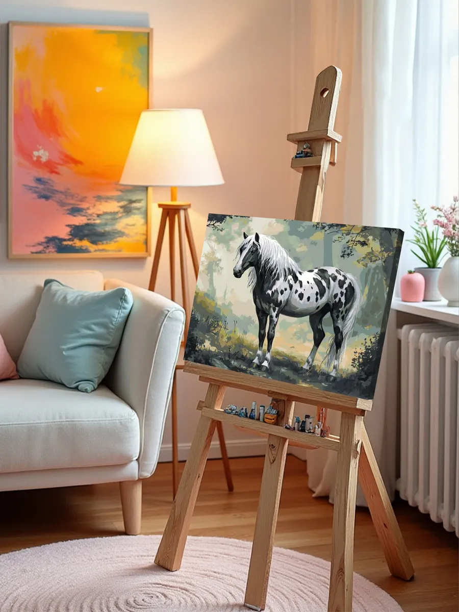 Картина по номерам «Животные: черно-белая лошадь в лесу» — картинка 9