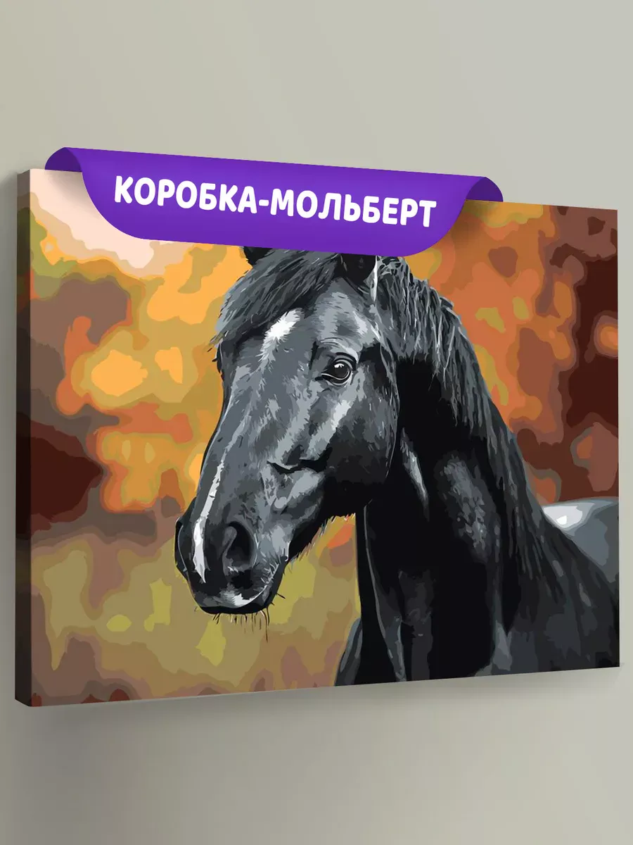 Картина по номерам «Животные: черная лошадь в лесу, осень»